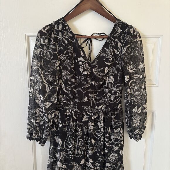 Dark Romantic Bohemian Womens Tiered Midi Dress Black S Floral Indie Concert‎ - Picture 3 of 14